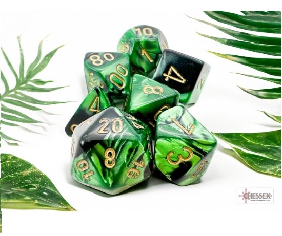 CHESSEX 7 Dice Set Black Green/Gold